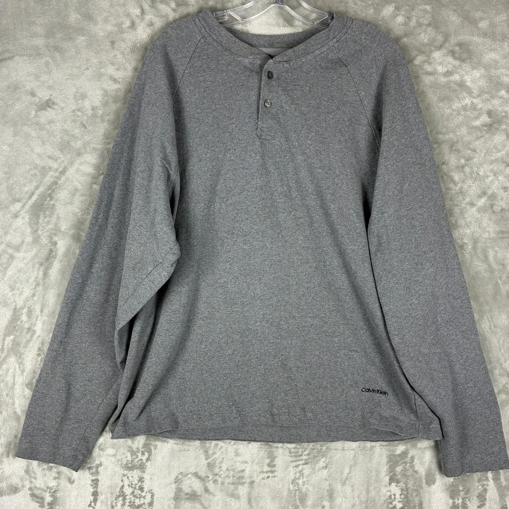 Calvin Klein Mens Grey Long Sleeve Henley Shirt Cotton Raglan Size Large 40JM200